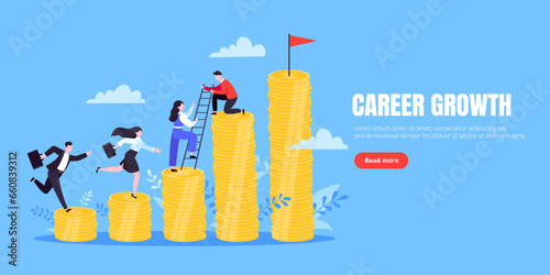 Business mentor helps improve career and money stacks growing. He holds stairs steps vector illustration. Mentorship, upskills, climb help self development strategy flat style design business concept.