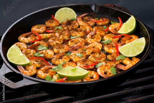 shrimps with chili lime mix on metal grilling pan