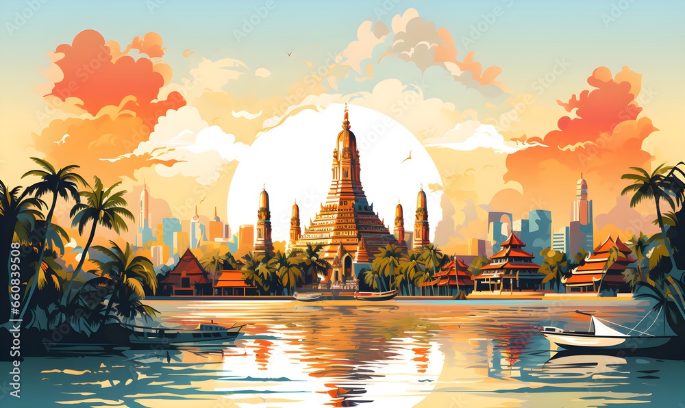 Fototapeta premium Scenery of Wat Arun, Bangkok, Thailand in illustrations, presentation images, travel image ideas, tourism promotion, postcards, generative AI