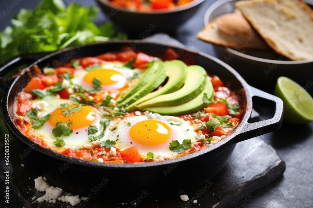 shakshuka with avocado slices on top in a grey clay dish shakshuka with avocado slices on top in a grey clay dish