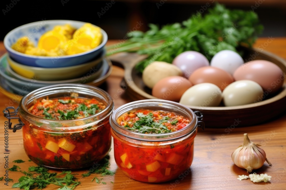 dish of shakshuka next to a spice rack with various seasoning jars dish of shakshuka next to a spice rack with various seasoning jars