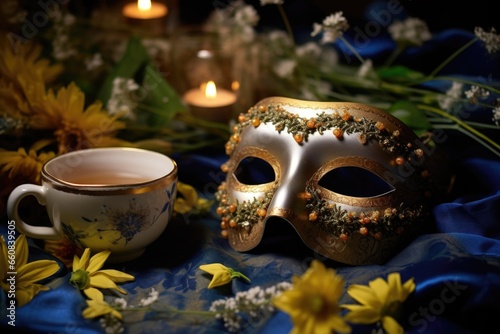 close-up of a sleeping mask next to a teacup filled with herbal tea © altitudevisual