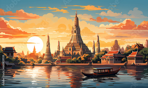 Scenery of Wat Arun, Bangkok, Thailand in illustrations, presentation images, travel image ideas, tourism promotion, postcards, generative AI