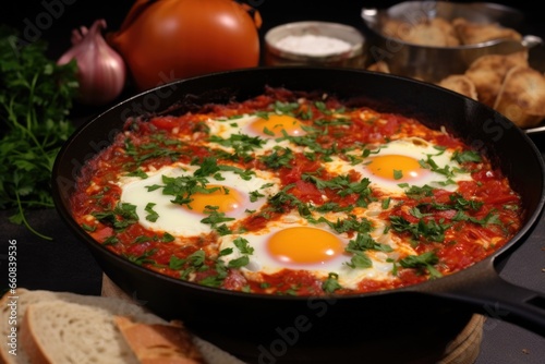 shakshuka garnished with parsley in a copper pan