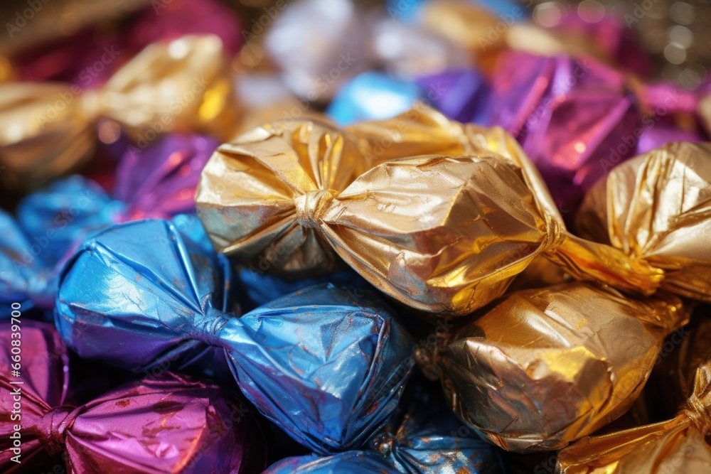 a close up of colorful hanukkah gelt in gold wrappers a close up of colorful hanukkah gelt in gold wrappers