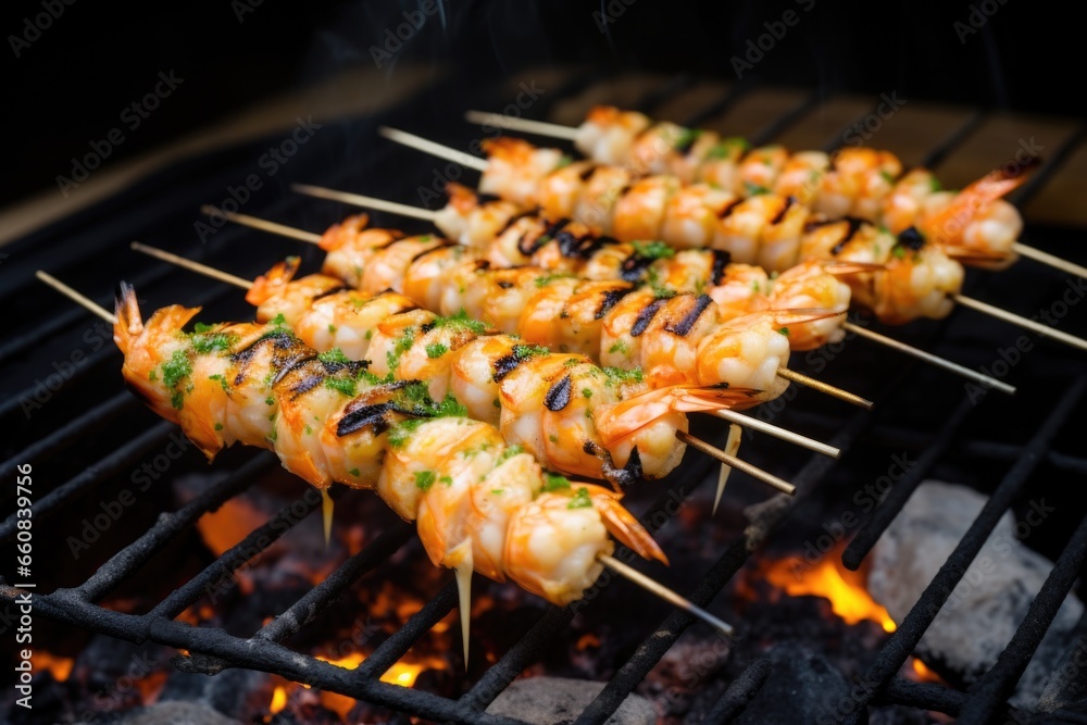 prawns skewered on a barbecue with dripping garlic butter