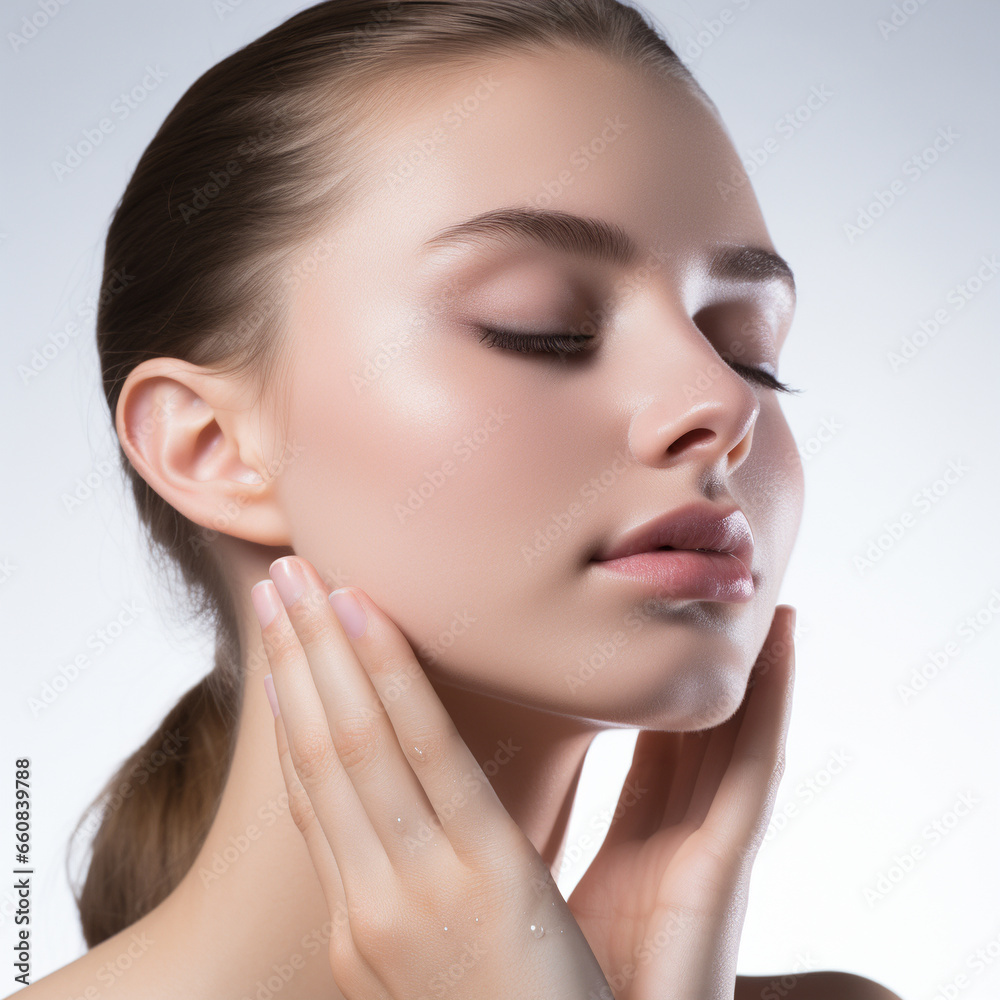 studio photography, skincare model, hand touching nose, white background - Generative AI studio photography, skincare model, hand touching nose, white background - Generative AI