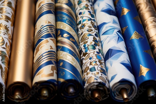 a variety of hanukkah themed wrapping paper rolls photo