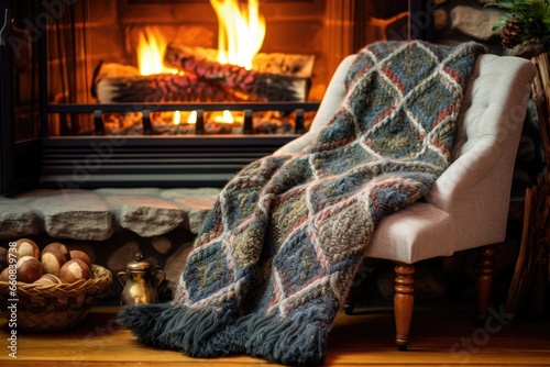 slippers near a fireplace with a cozy knitted blanket draped over a nearby chair
