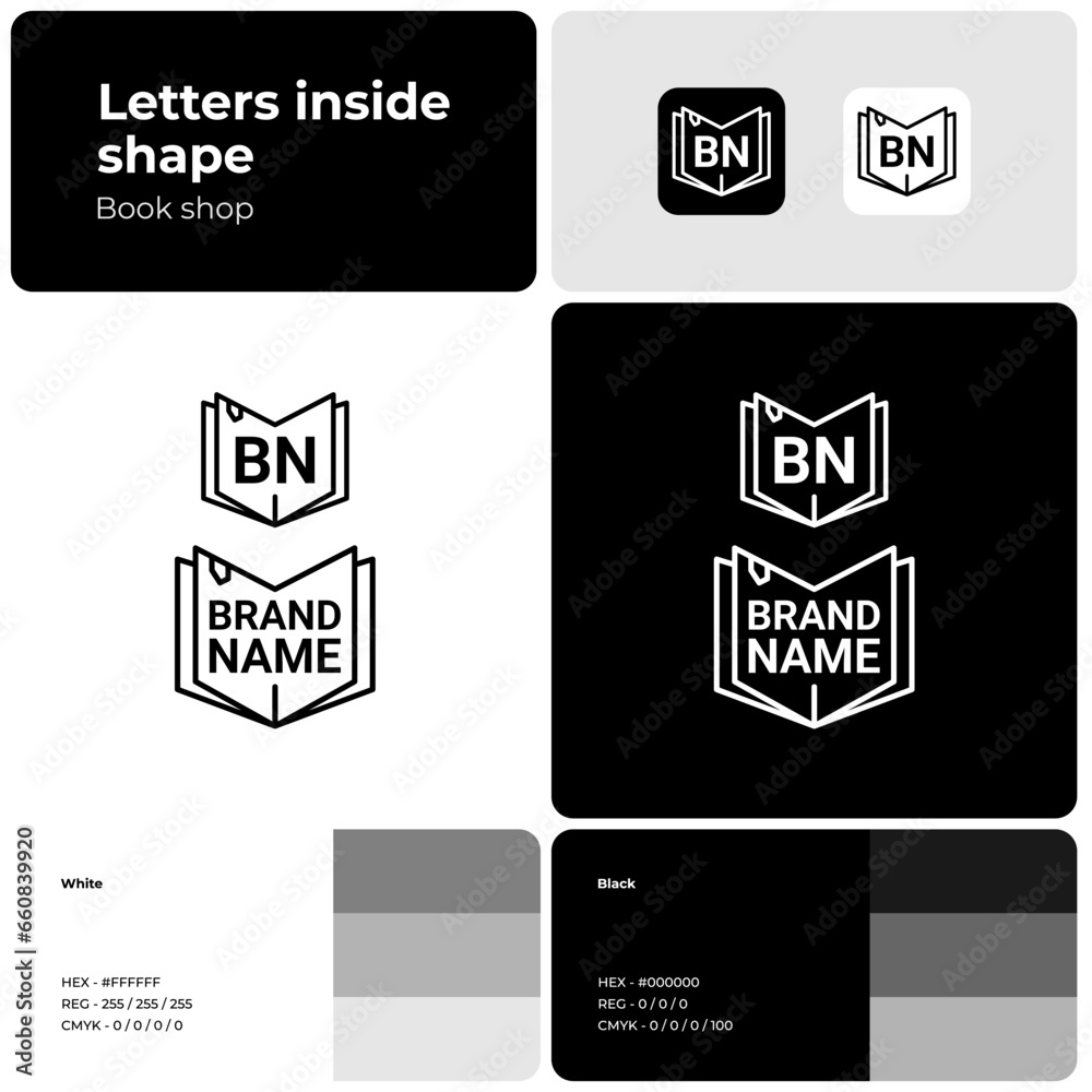 Book shop white and black line logo with brand name. Simple icon. Design element and visual identity. Template with font. Suitable for book, literature, store, shopping, library.