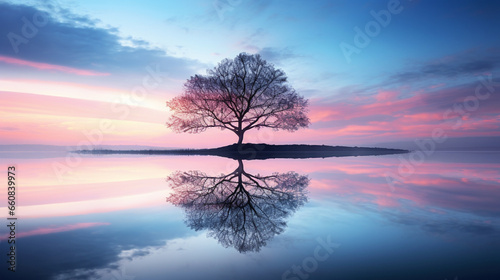 The Aesthetics of Reflection, a seaside tree. copy space - Generative AI © seogi