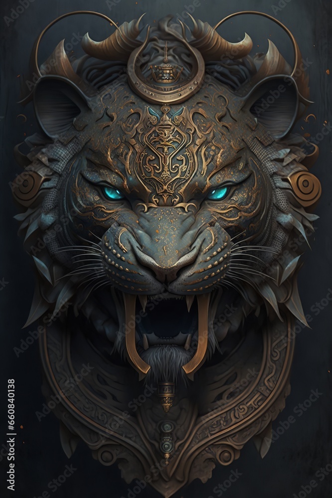 The tiger has piercing blue eyes and a fierce expression on its face. The crown is adorned with precious gems, and the tiger's fur is sleek and well-groomed.