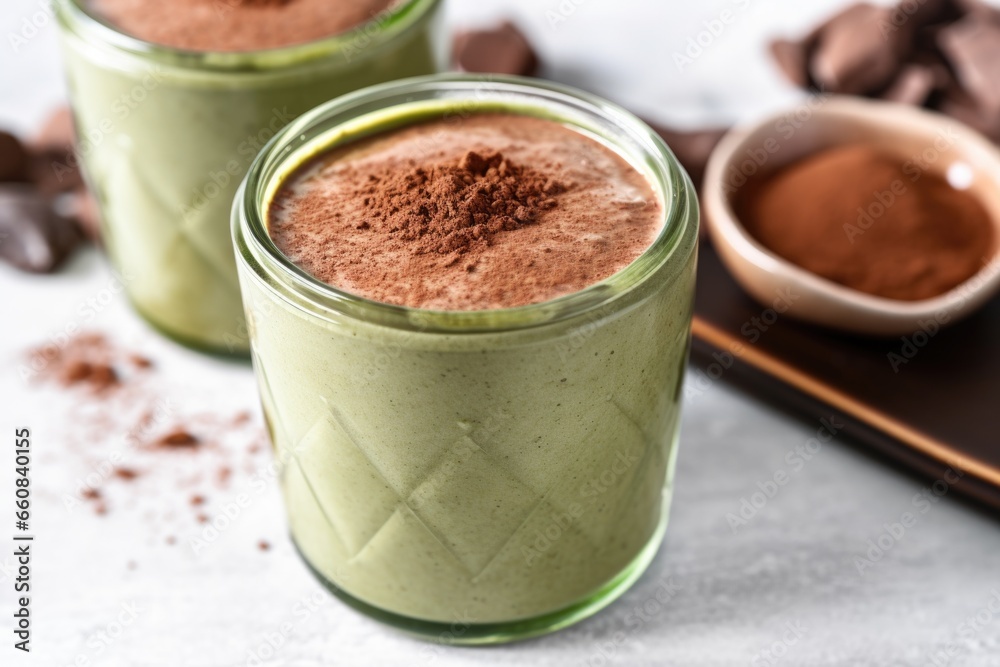close-up of avocado smoothie with cocoa powder on top close-up of avocado smoothie with cocoa powder on top