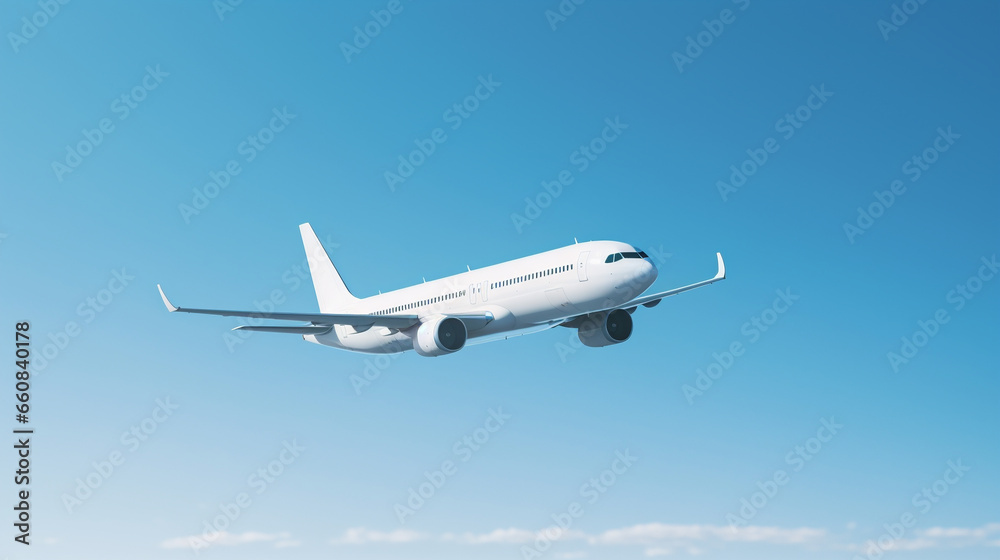 Obraz premium White airliner plane in flight. side shot - Generative AI