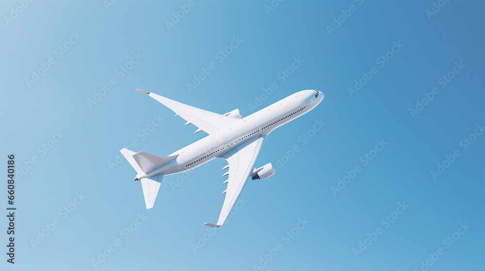 White airliner plane in flight. right-up flight. shot from above - Generative AI White airliner plane in flight. right-up flight. shot from above - Generative AI