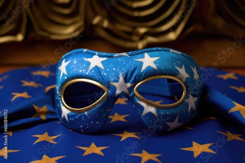 a sleeping mask with a star pattern on a blue cotton pillow