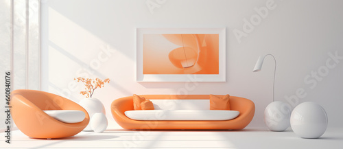 Modern living room with white furniture  in the style of light orange  rounded  minimalist still life