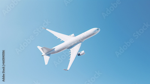 White airliner plane in flight. right-up flight. shot from above - Generative AI