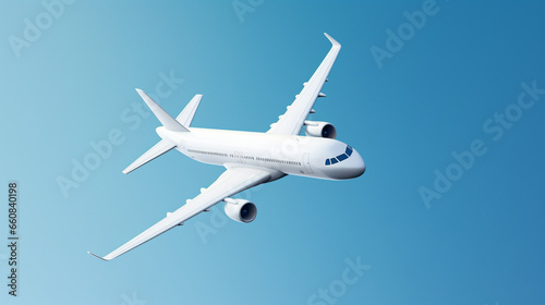 White airliner plane in flight. right flight. shot from above - Generative AI