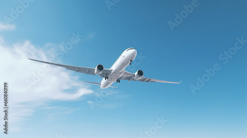 White airliner plane in flight. right-up flight - Generative AI