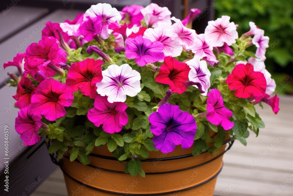 a bucket filled with bright, blooming petunias