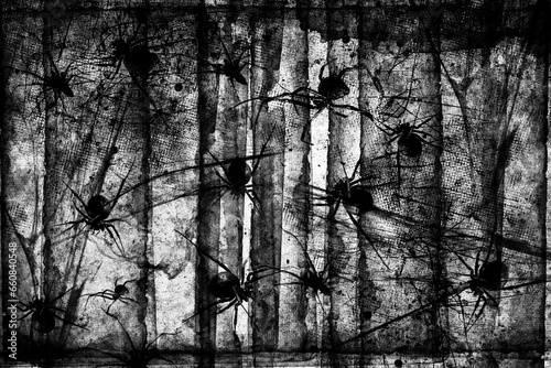 Spiders in web on black grunge background. Cobweb frame. Halloween party. Texture of spider web. Halloween decoration. Gothic style