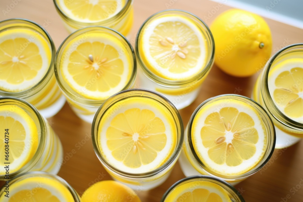 yellow lemon slices submerged in a refreshing glass jar of lemonade yellow lemon slices submerged in a refreshing glass jar of lemonade
