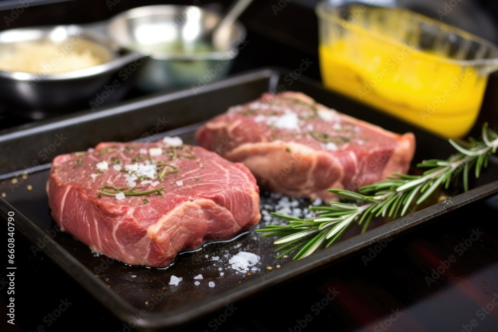 thick steak on a griddle with melting butter and rosemary