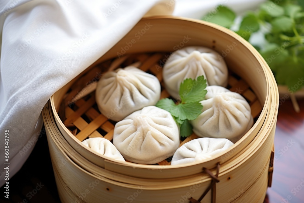 steamed dumplings in a wicker hamper with a linen napkin steamed dumplings in a wicker hamper with a linen napkin