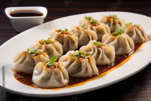 steamed dumplings with chili sauce dripped on top