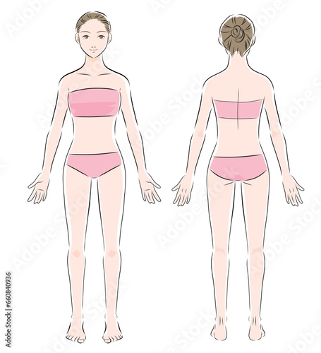 水着を着た女性の全身カラーイラスト2　正面と背面