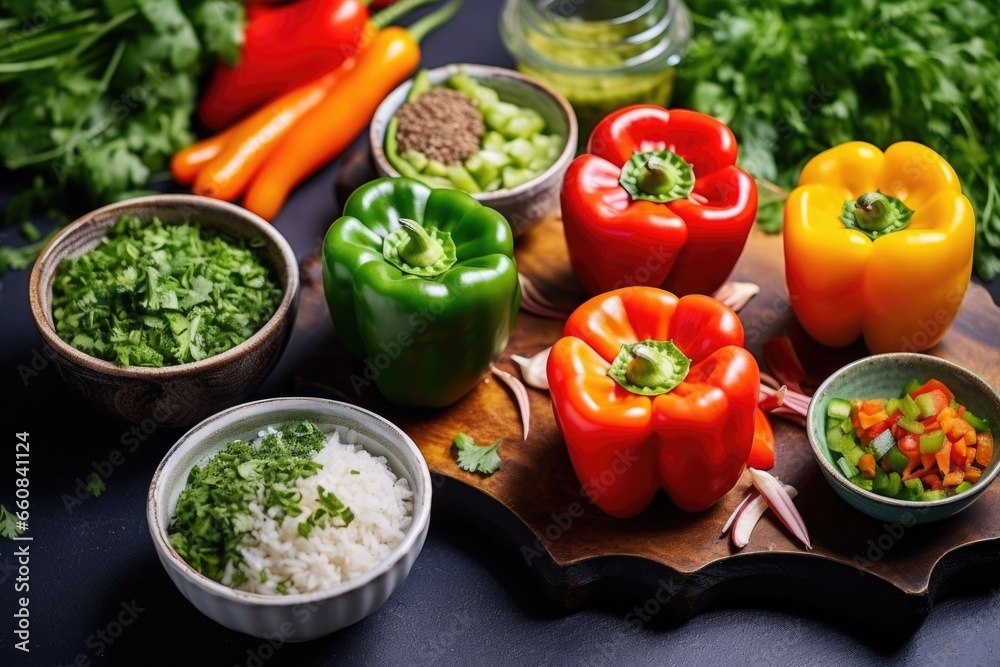 making of stuffed bell peppers, raw peppers with bowls of fillings making of stuffed bell peppers, raw peppers with bowls of fillings