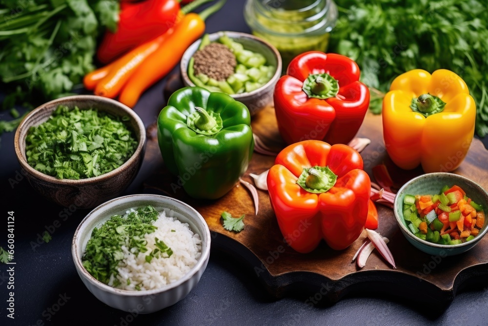 making of stuffed bell peppers, raw peppers with bowls of fillings