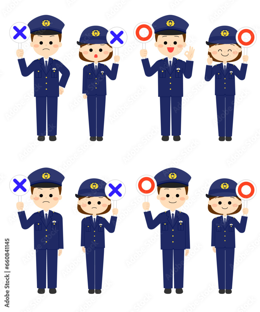 マル印とバツ印を持つ警察官 マル印とバツ印を持つ警察官