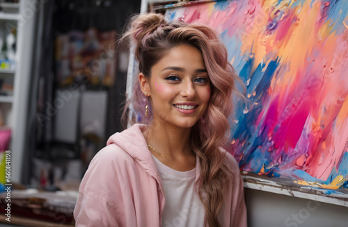 Beautiful smiling female painter with pink hair