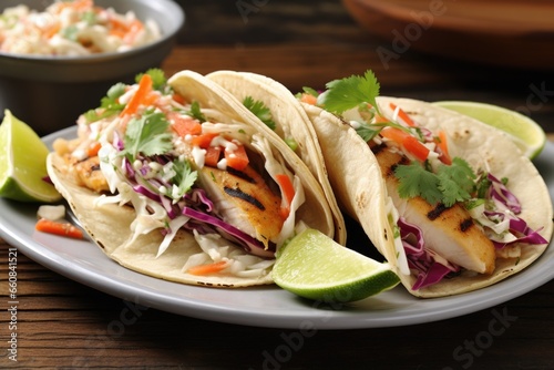 tacos filled with grilled fish and coleslaw