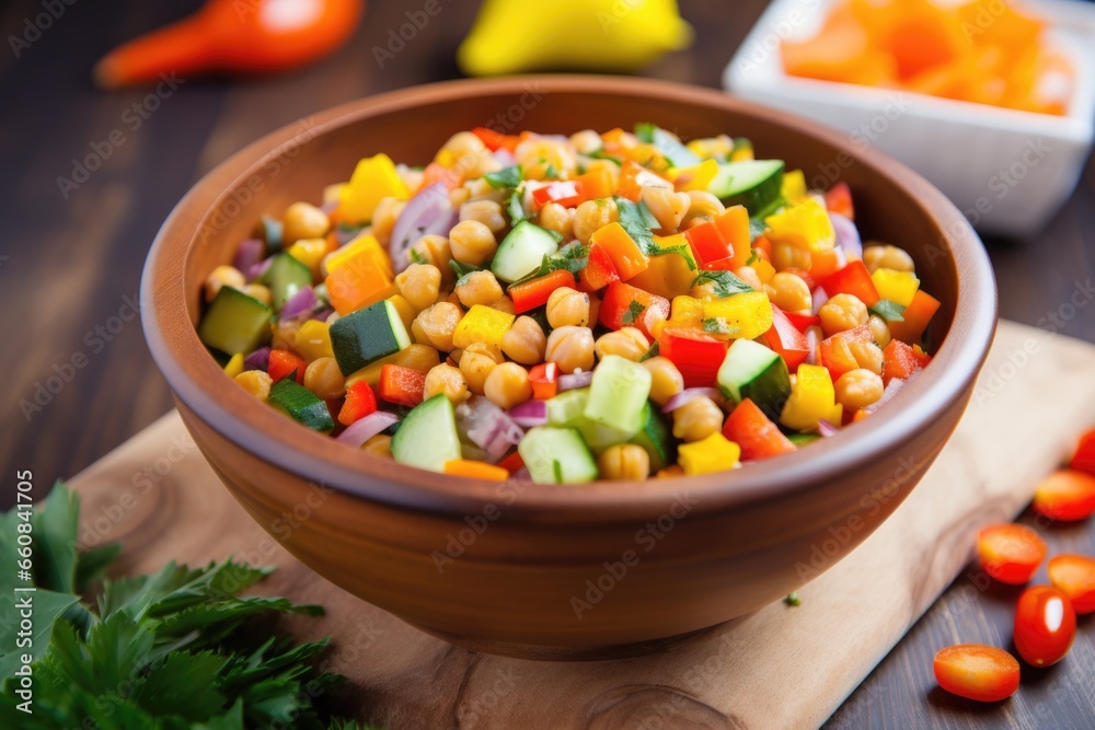 a bowl of chickpea salad near colorful vegetables a bowl of chickpea salad near colorful vegetables
