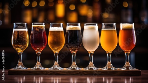 Glasses filled with craft beer resting on a wooden bar.
