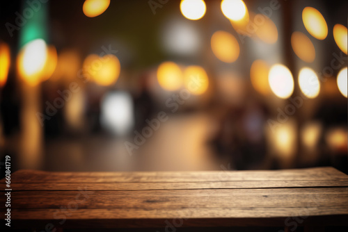 Empty wood table for product display in blur background of admirable restaurant at night generative ai