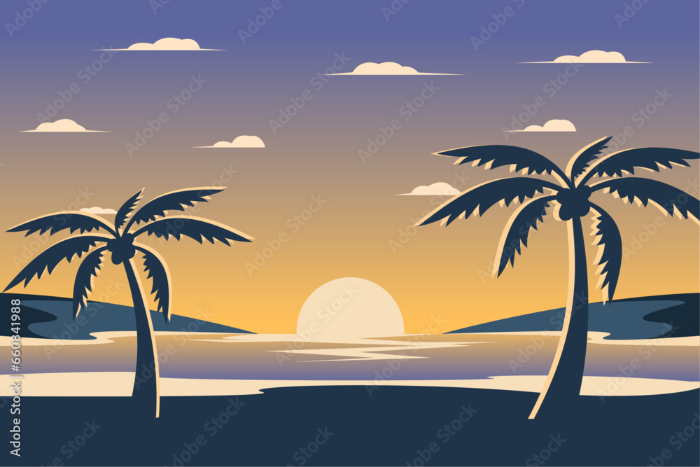 summer background Beach sunset sunrise with palm silhouette landscape