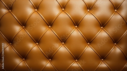 Close-up of genuine leather texture in gold upholstery with intricate brown rhombic stitching  presenting a luxurious background.