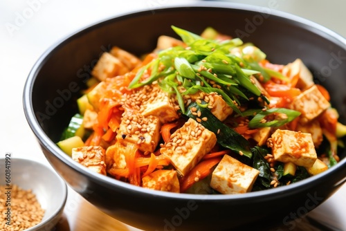kimchi mixed with sliced tofu in a salad
