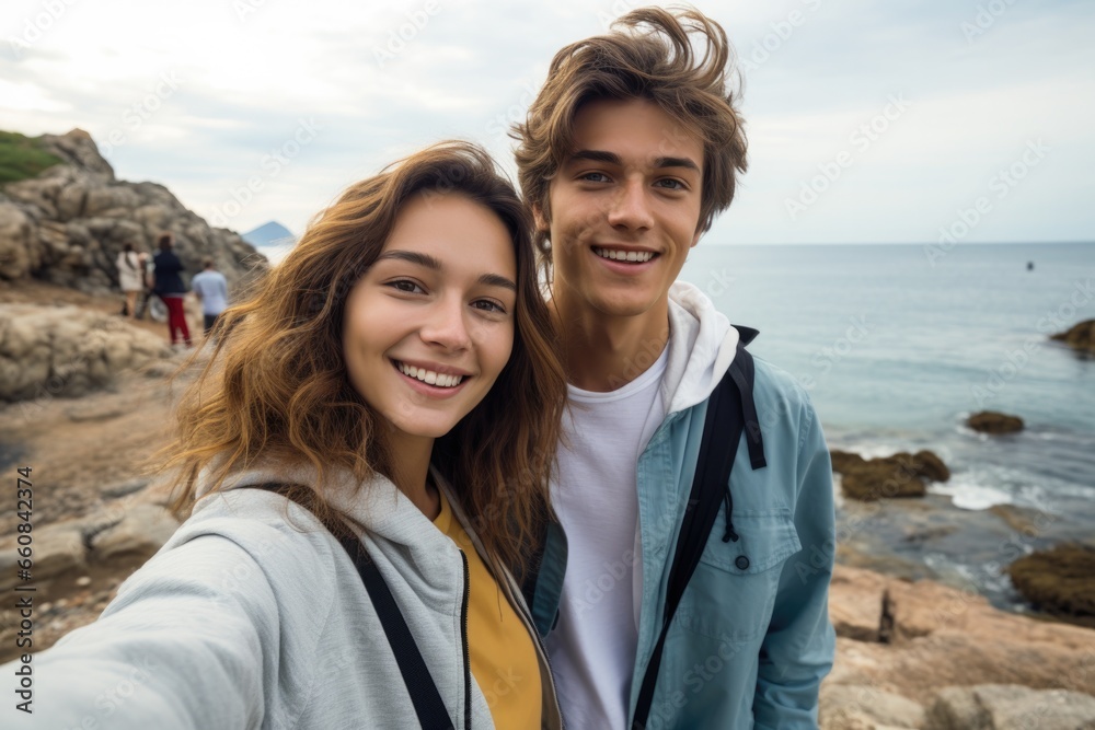 Couple taking a selfie at the seaside. Happy couple in love enjoy summer vacation taking selfie with the sea at the background Couple taking a selfie at the seaside. Happy couple in love enjoy summer vacation taking selfie with the sea at the background