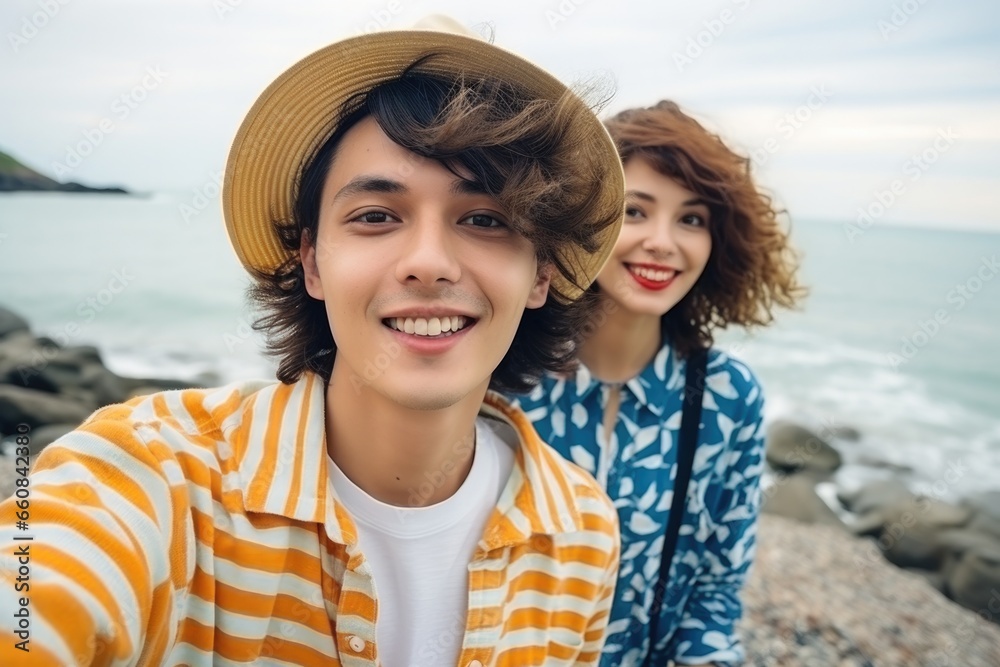 Couple taking a selfie at the seaside. Happy couple in love enjoy summer vacation taking selfie with the sea at the background