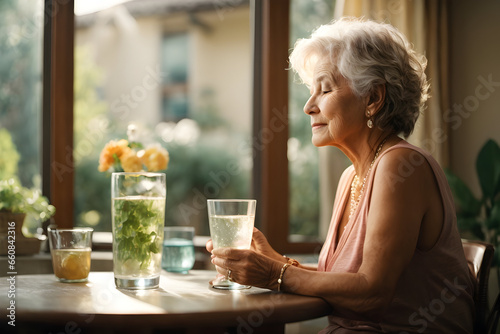 Senior woman drinking a glass of water.