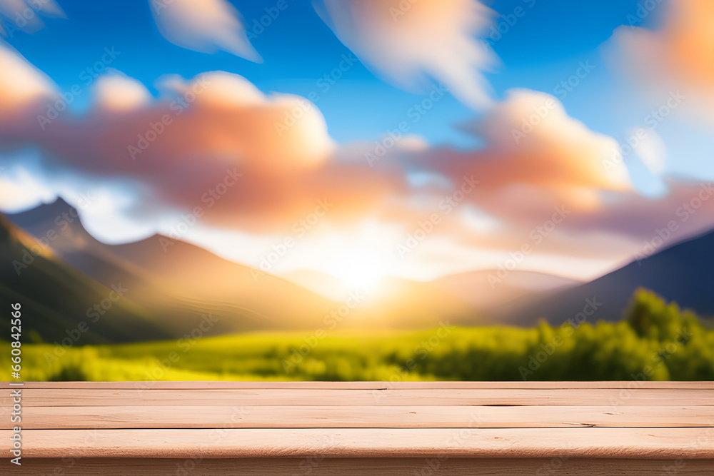 Fototapeta premium Empty wooden table with natural green background for product display
