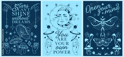 Boho celestial vertical vector posters. Mystery crescent moon, sun, midnight aesthetic and floral arrangements for t-shirt prints Inspirational affirmations, quotes. Sacred alchemy card.