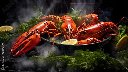 Steaming lobster in a hot pan.