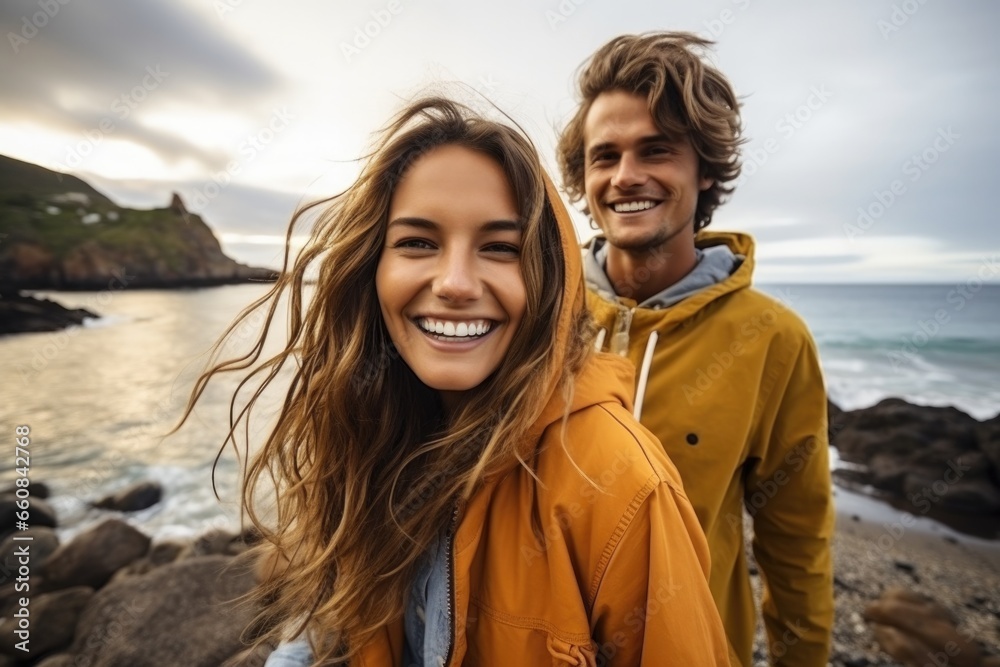 Couple taking a selfie at the seaside. Happy couple in love enjoy summer vacation taking selfie with the sea at the background