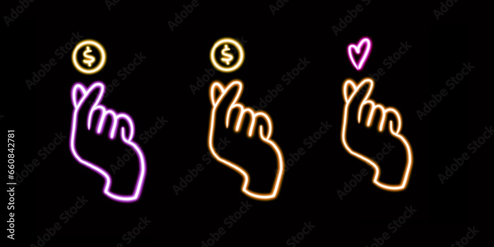 Neon Finance Set, Hand, Heart, Coin. glowing desktop icon, neon sticker, neon figure, glowing figure, neon geometrical figures Neon Finance Set, Hand, Heart, Coin. glowing desktop icon, neon sticker, neon figure, glowing figure, neon geometrical figures
